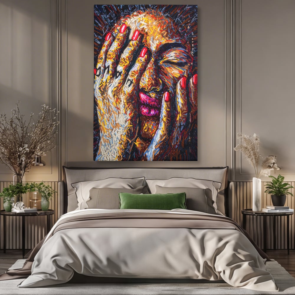 Tablou canvas cu tablou canvas cu portret stilizat, fara rama, pe sasiu de lemn, pe perete intr-un dormitor